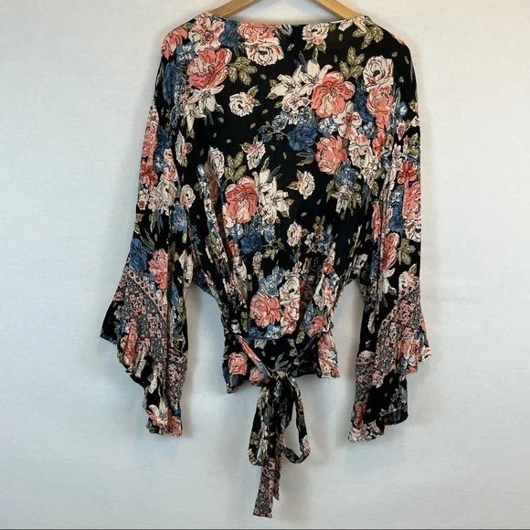 ANGIE | Long Sleeve Surplice Floral Printed Tie Woven Top Womens Plus Size 3XL - Picture 4 of 5